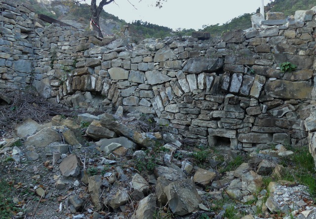 Dépendance ouest. Etage de soubassement, remise, étable et cellier. Mur ouest, arcs de décharge.