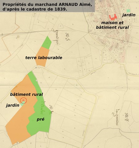 Propriétés du marchand Aimé Arnaud en 1839, reportées sur le cadastre de 1839 (sections F1, F4 et F5). Echelle d'origine 1/1 000e.