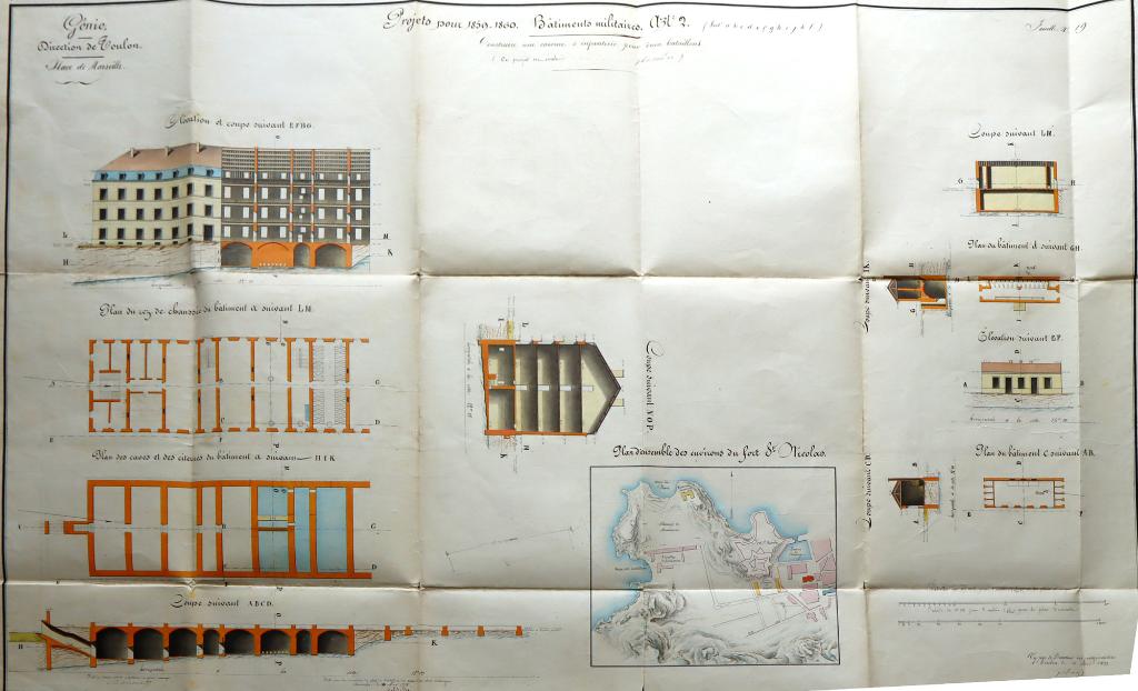 Place de Marseille. [Plans pour] Construire une caserne d'infanterie pour 2 bataillons],1859.