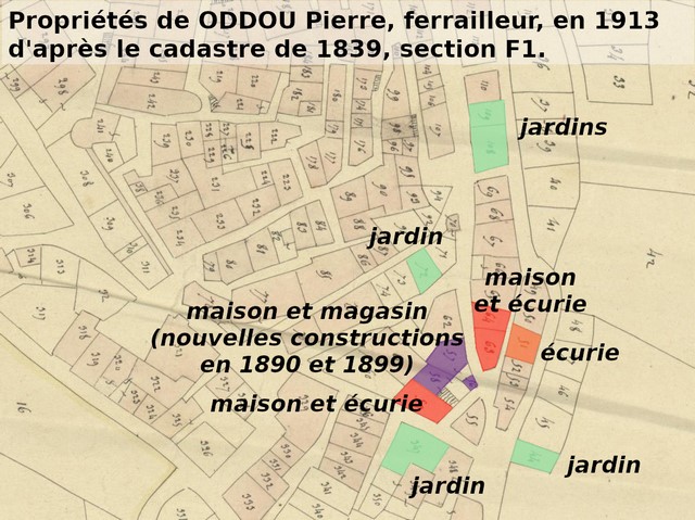 Propriétés du ferailleur Oddou Pierre en 1913, , reportées sur le cadastre de 1839 (section F1). Echelle d'origine 1/1 000e.