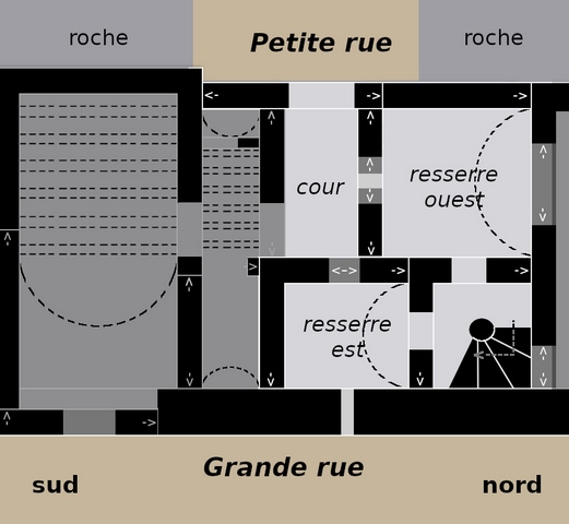 Plan schématique du bâtiment (partie non grisée) : étage de soubassement.