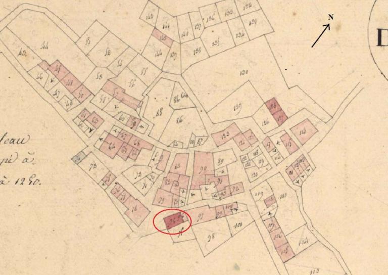 Plan de masse et de situation de la chapelle  Saint-Mathieu d'après le cadastre napoléonien de 1827, section A1, parcelle 94.