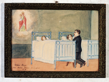 ex-voto, tableau : Demande de guérison d'une fillette et d'une femme dans des lits d'hôpital