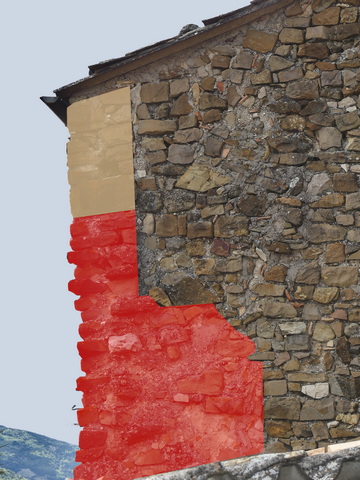 Courtine sud. Coupe de la partie supérieure : en rouge, maçonnerie médiévale ; en beige, reprise de maçonnerie.
