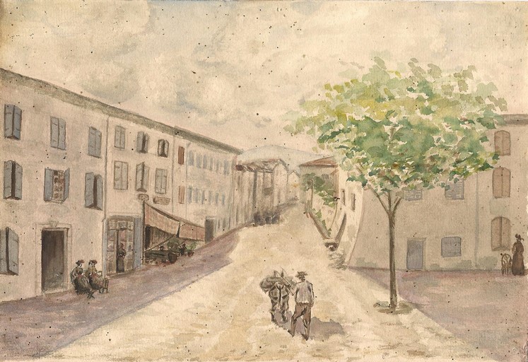 La place de la Fontaine et la rue des Ecoles dans les années 1910. La maison est la première à gauche.