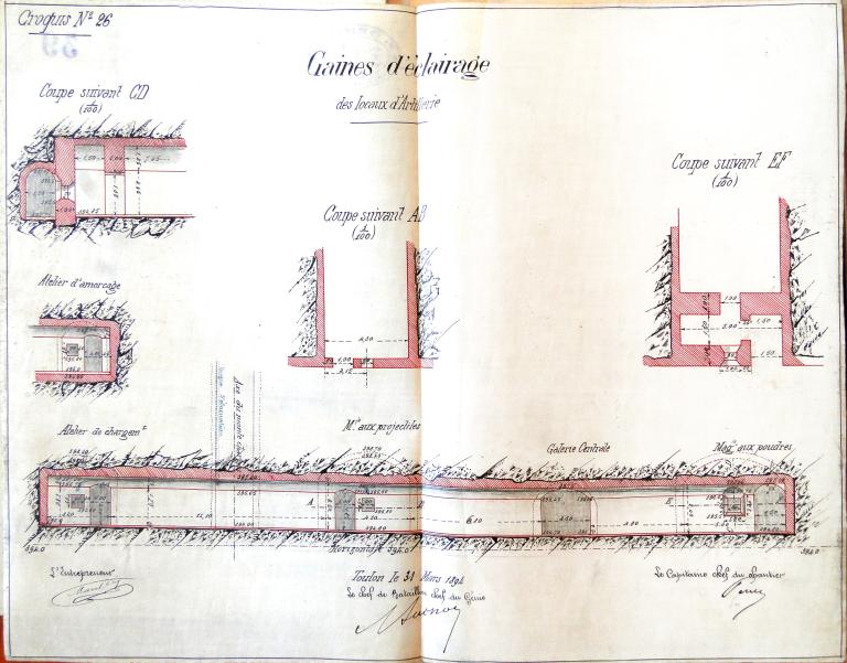 Gaines d'éclairage des créneaux d'artillerie. [fort du Pipaudon. Plans et coupe du souterrain-caverne des magasins (à poudre, à munitions..) avec sas et créneaux à lampe.], 31 mars 1894.