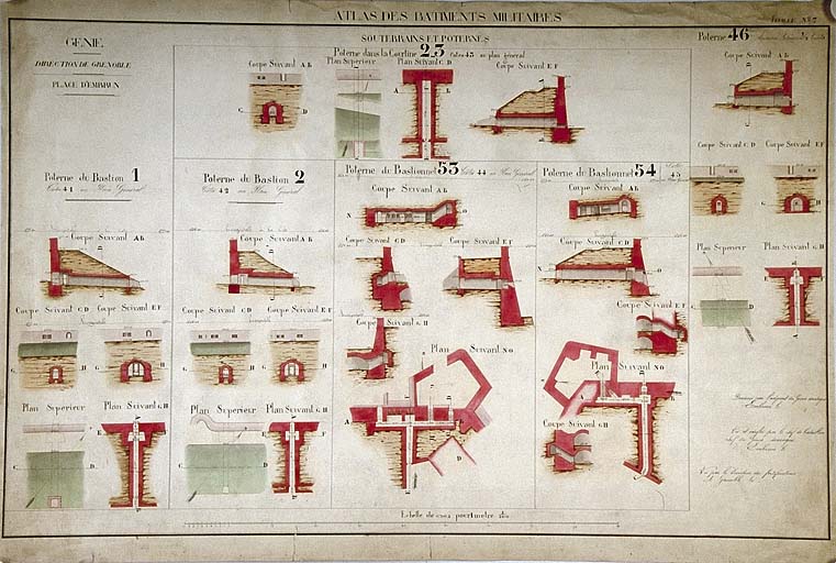 Atlas des bâtiments militaires. Génie. Direction de Grenoble. Place d'Embrun. Souterrains et poternes. 1860.
