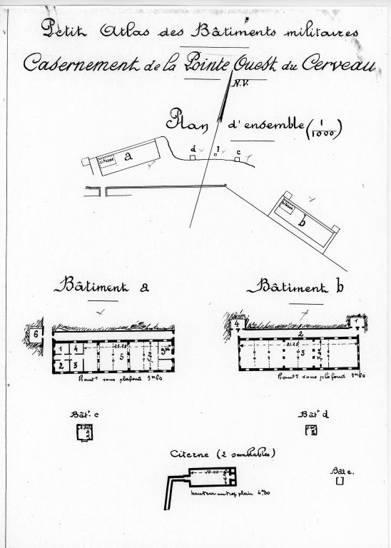 Petit atlas des bâtiments militaires. Casernement de la pointe ouest du Cerveau. [plans], vers 1900.