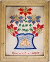 ex-voto, tableau de broderie : Bouquet de fleurs rouges et bleues