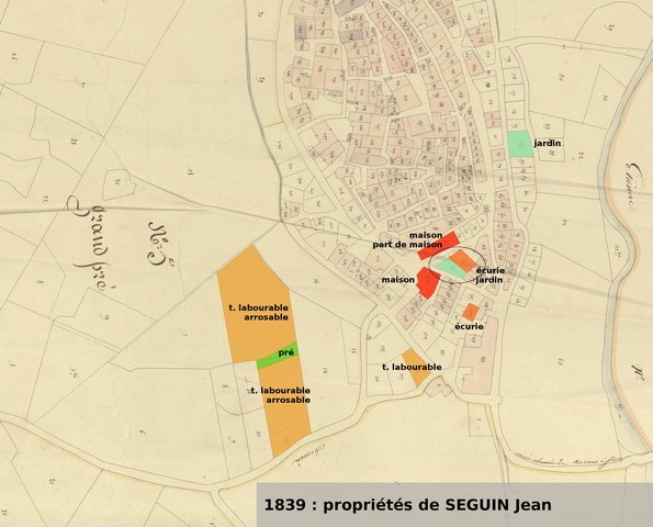 Propriétés de Jean Seguin en 1839, d'après le plan cadastral de 1839, section F1. Echelle d'origine 1/1000e.