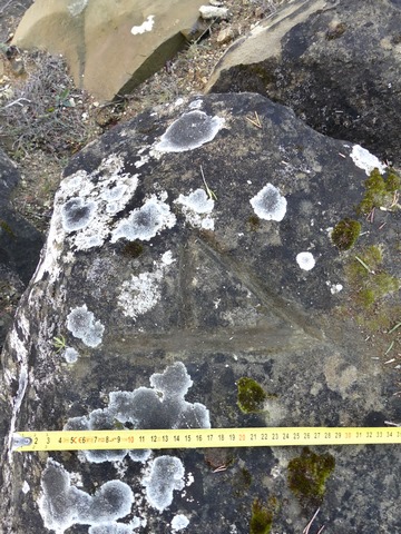 Marque gravée (chiffre 4 ?) sur un bloc de grès, carrière à l'extrémité nord du Serre d'Enfaure.