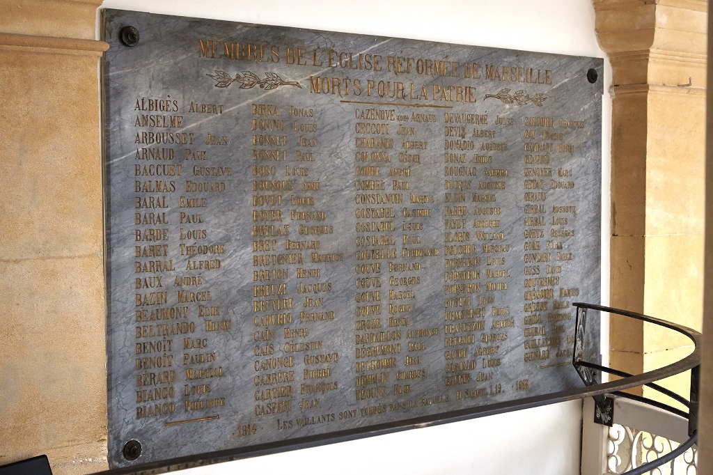 Plaques commémoratives de la guerre de 1914-1918 et de la guerre de 1939-1945 : Membres de l'Église réformée de Marseille morts pour la patrie