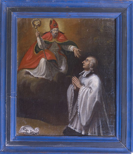tableau, ex-voto : Prêtre agenouillé devant saint Blaise (?), cadre