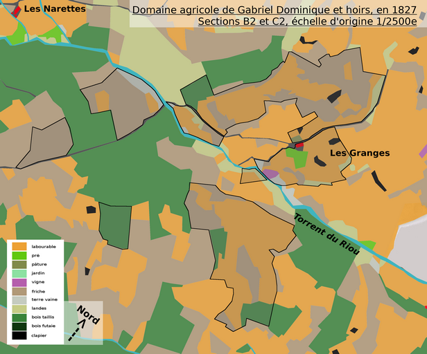 Colorisation selon la nature des parcelles, et délimitation du domaine agricole à cette époque d'après le plan cadastral de 1824, assemblage des sections B2 et C2.