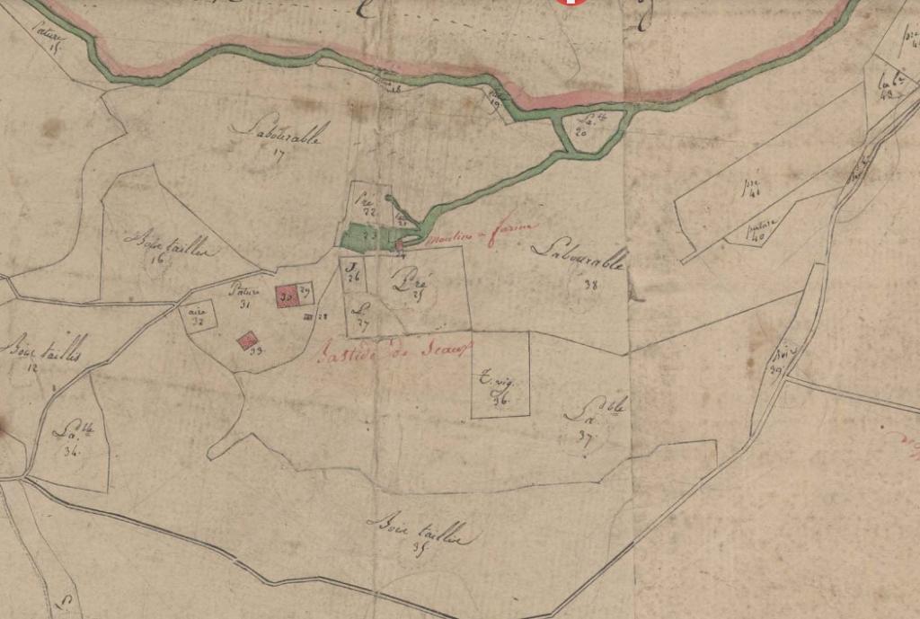 Plan de masse et de situation de la bastide de Sceaux d'après le cadastre de 1811 (section B, parcelles 30 à 33).