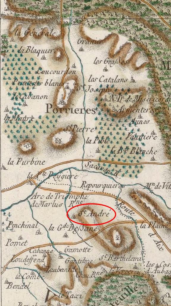 Carte de France dite carte de Cassini, 3e quart 18e siècle [St André, Pourrières].