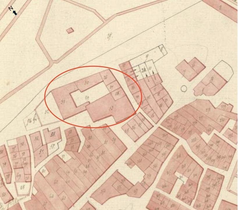 Plan de masse et de situation d'après le cadastral de 1812 (section D parcelles 26 à 33). Echelle d'origine 1/1250.