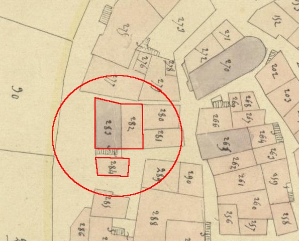 Plan de masse d'après le plan cadastral de 1839, section F1. Echelle d'origine 1/1000e.