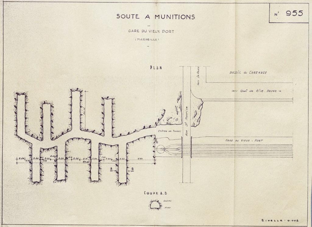 Soute à munitions. Gare du Vieux Port. [Plan sommaire du souterrain du port de carénage / fort Saint-Nicolas à Marseille], 1946.
