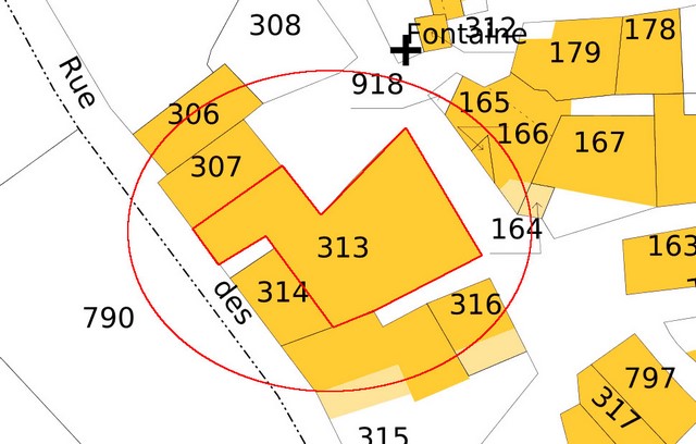 Plan de masse d'après le cadastre de 2021, section 000F. Echelle d'origine 1/500e.