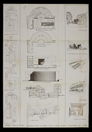 Hôtel de région Provence Alpes Côte d'Azur 2eme tranche. Concepteurs : D. Chaussat, A. Bodier, J. et A. Culdaut, F. Rouanet, M. Salama : architectes - Serete Marseille : B.E.T. Mai 1987 [Dessins et élévations. Projet non retenu.]