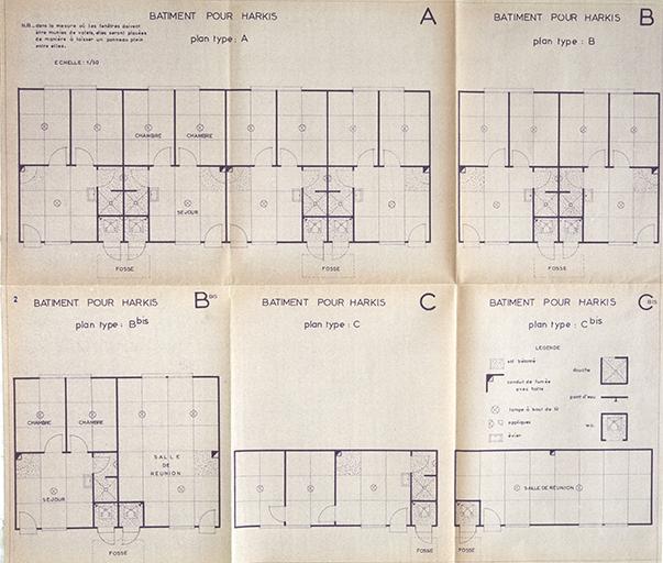 Ministère des rapatriés, bâtiment pour Harkis, plan type A, B, C, Cbis, 1963.