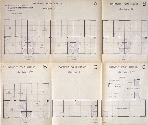 Ministère des rapatriés, bâtiment pour Harkis, plan type A, B, C, Cbis, 1963.