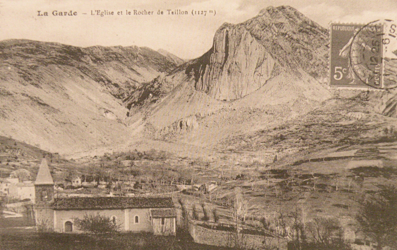 La Garde. L'Eglise et le Rocher de Teilhon (1127 m). [Vue prise du sud-ouest.]