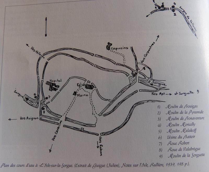 Plan des cours d'eau [, des moulins, des roue et usine] à l'Isle-sur-la-Sorgue, 1939.