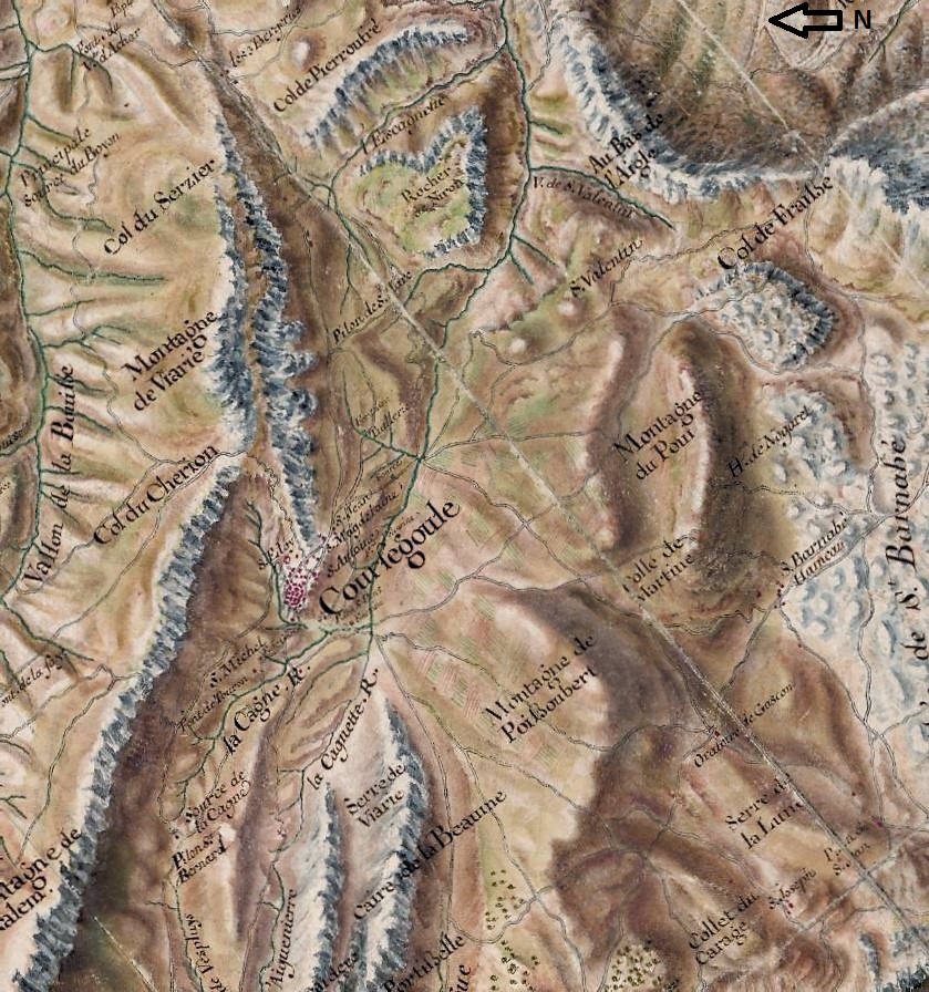 Cartes des frontières Est de la France, de Colmars à Marseille. [Détail de la feuille 192_57 : commune de Coursegoules au sud-ouest].