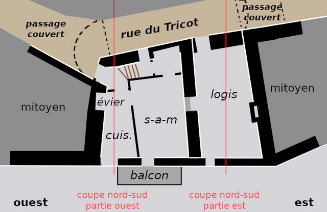 Plan schématique du bâtiment : rez-de-chaussée surélevé.