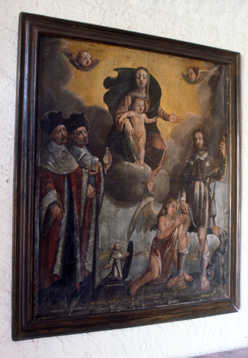 tableau, ex-voto : La Vierge et l'Enfant, saint Roch de Montpellier, saint Raymond, saint Côme et saint Damien