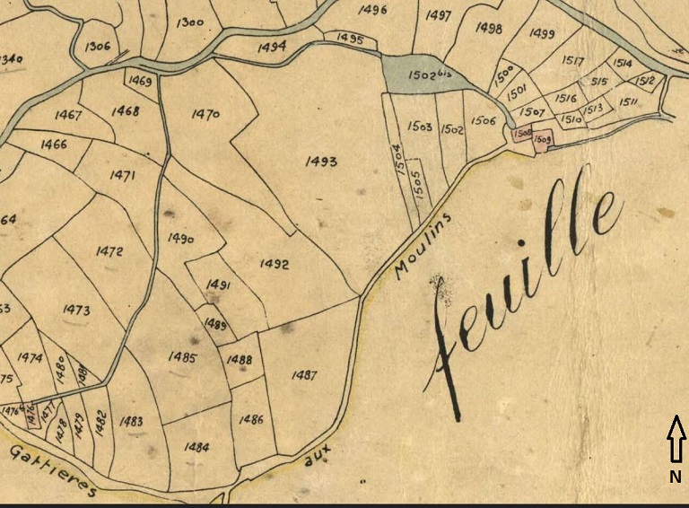 Plan de situation représentant partiellement le canal de l'Abéou d'après le cadastre de 1833 (section C2, quartier de Labéou et des Moulins). 