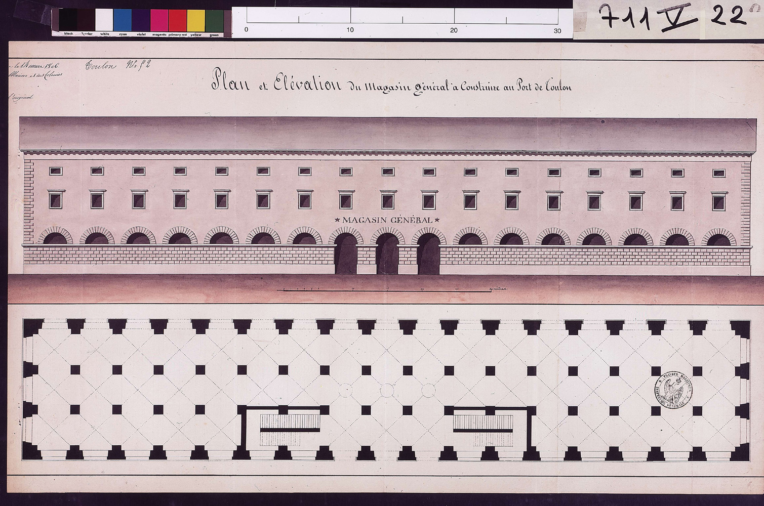 Plan et élévation du magasin général à construire au Port de Toulon. 1806.