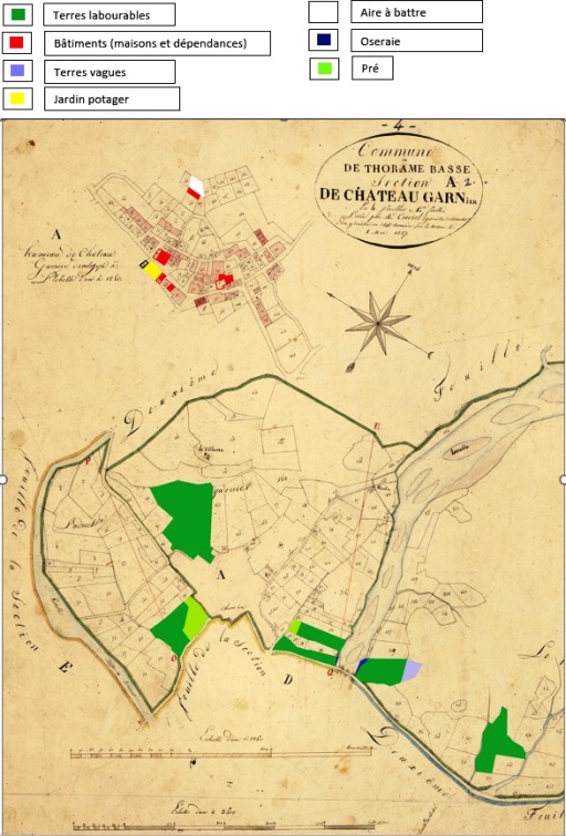 Plan cadastral de la commune de Thorame-Basse, 1827, section A1, parcelles 33, 34, 64, 73, 74, 75, 77, 91, 143, 144, 145, 177, 178, 184, 185, 241, 242, 242 bis, 251.