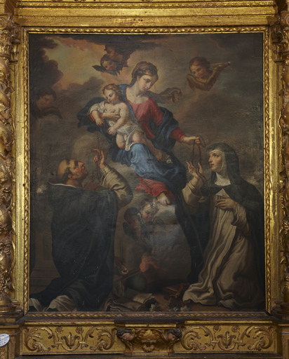 Tableau d'autel : Donation du rosaire à saint Dominique de Guzman et sainte Catherine de Sienne