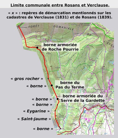 Localisation sur la carte IGN de la limite communale, de ses principaux repères et des bornes étudiées. Echelle d'origine 1/25 000e.