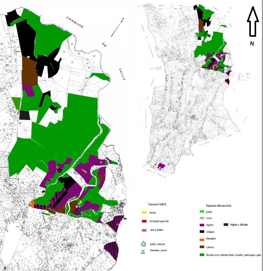 Possessions foncières d'Elisée Fouques, propriétaire de la ferme en 1903, à l'échelle de la commune à droite, agrandies et détaillées à gauche. Dessin numérique réalisé à partir du cadastre révisé en 1979. 