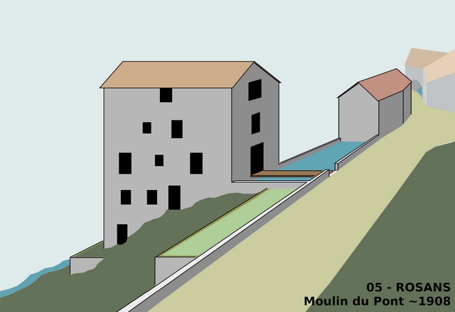 Restitution schématique du moulin vers 1908. Vue du sud-est.