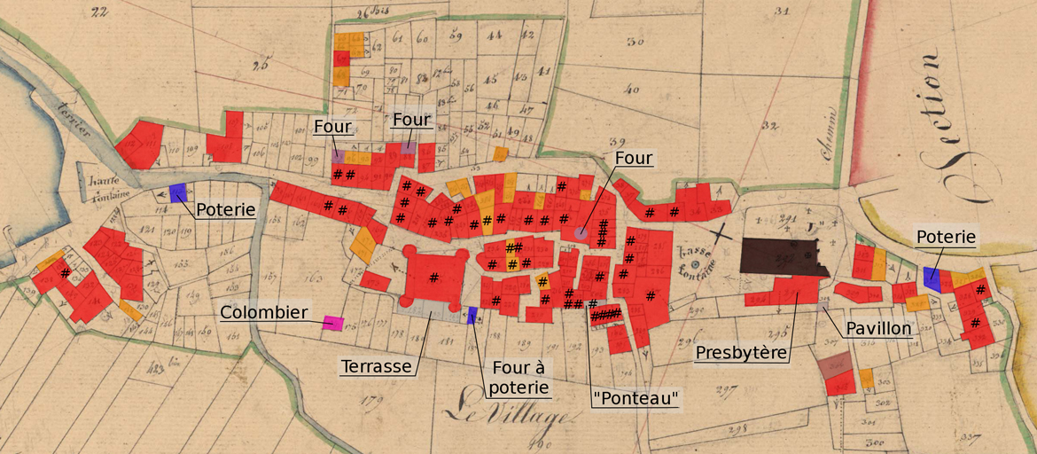 La Palud, plan cadastral de 1835, section C1, échelle d'origine 1/1250e. Surcharge de couleur selon la nature des parcelles. En rouge les « maisons », en orange les « bâtiments ruraux » ; la présence d'un « # » indique la multipropriété.