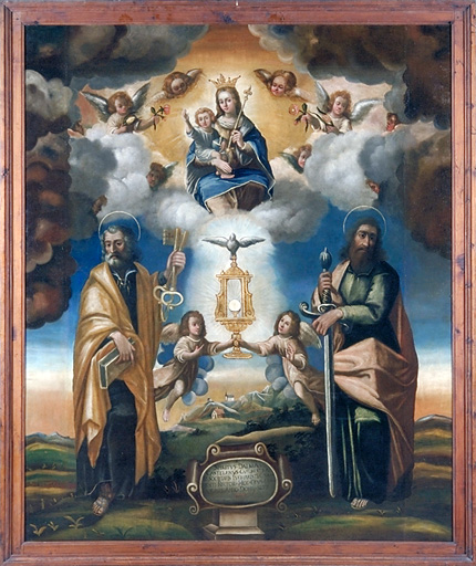 tableau : L'Adoration du Saint-Sacrement par saint Pierre et saint Paul en présence de la Vierge à l'Enfant