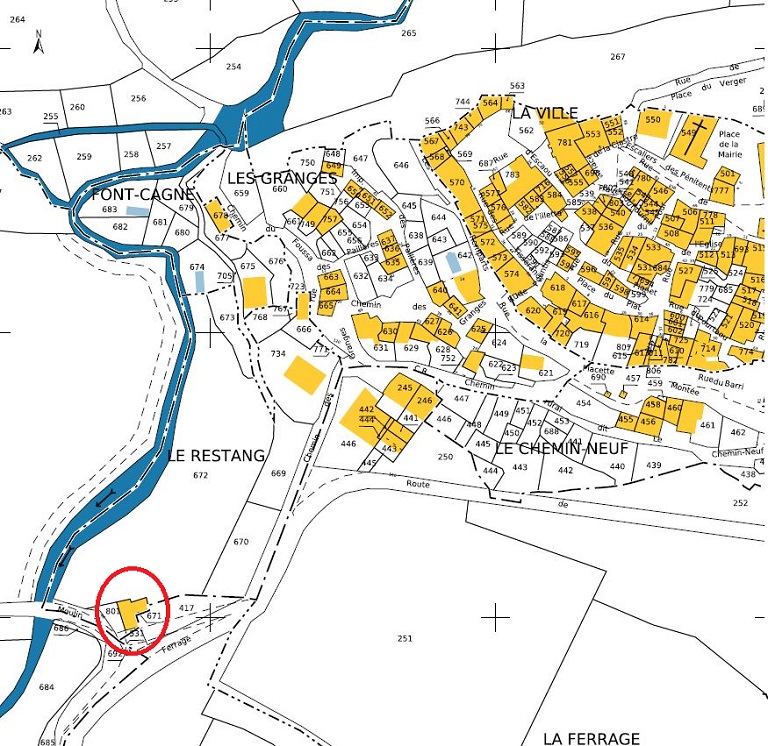 Plan de masse et de situation d'après le cadastre de 2022 (section B, parcelles 671). 