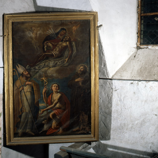 tableau : Purgatoire,Christ en croix avec la Vierge, saint Sébastien et saint François d'Assise
