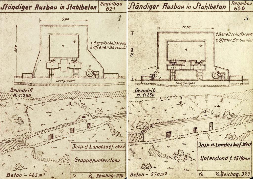 Montage de deux planches de plans et vues en perspective des modèles-types de casemate abri Regelbau 621 et 656.