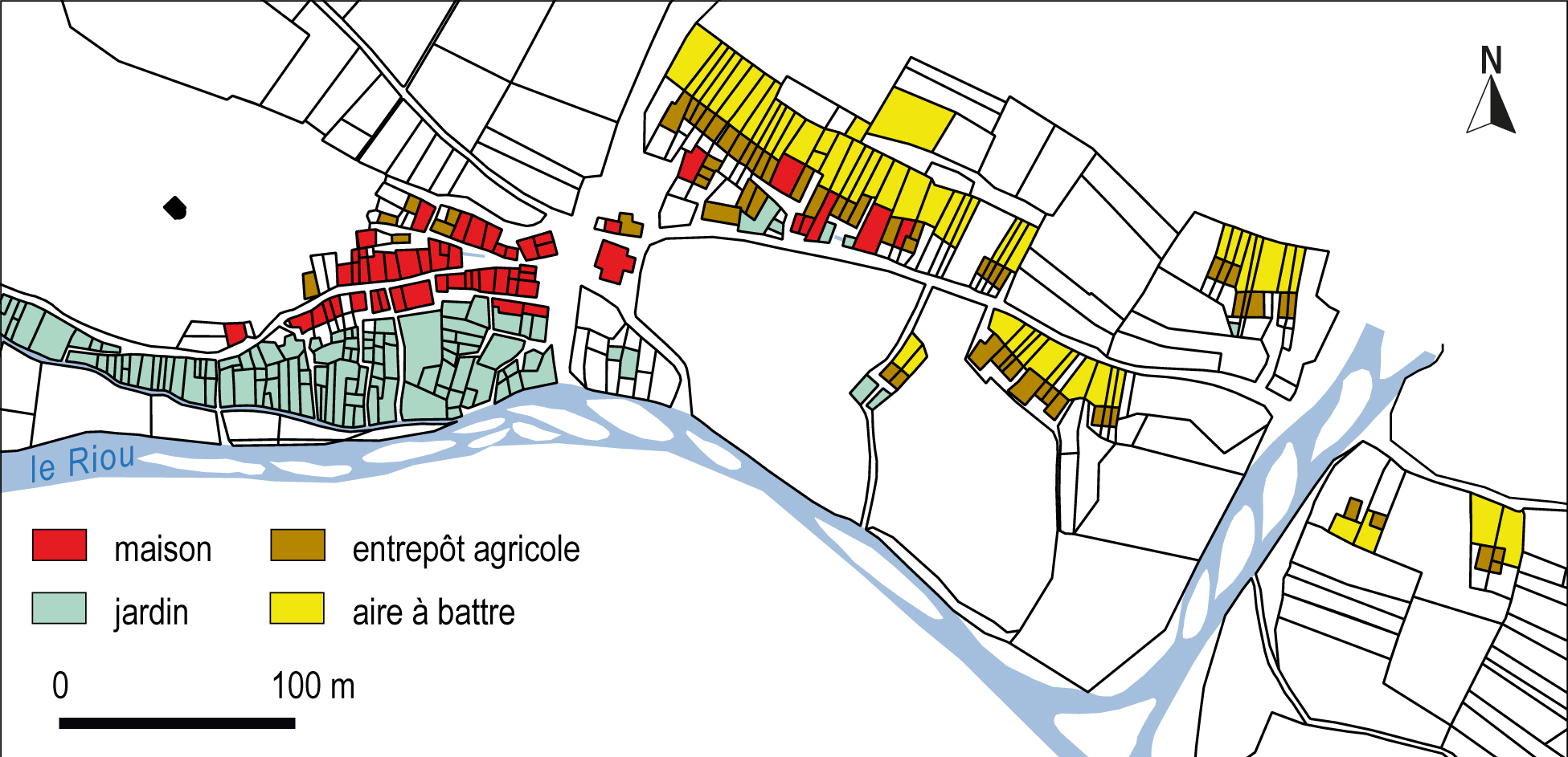 Occupation du foncier à Vergons d'après le cadastre de 1830 : le quartier agricole associant entrepôts et aires à battre est ici clairement dissocié du quartier d'habitation.