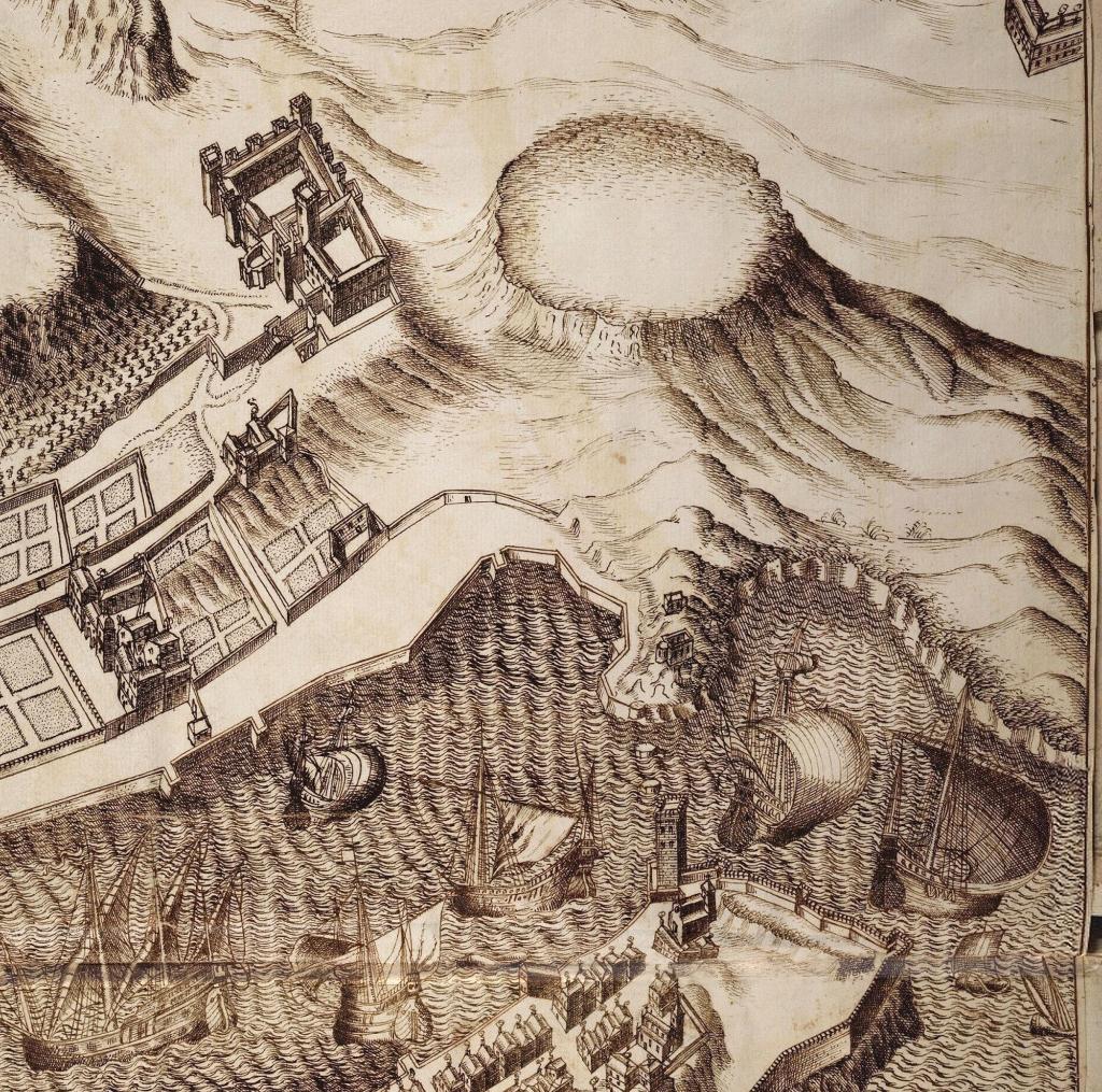 Marsiglia, veduta prospettica della citta durante un assedio, 1591. Détail.