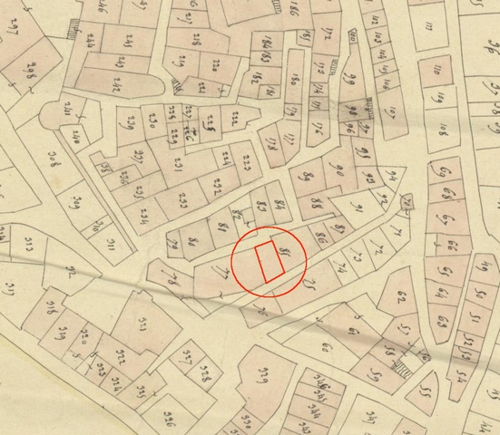 Plan de masse d'après le plan cadastral de 1839, section F1. Echelle d'origine 1/1000e.