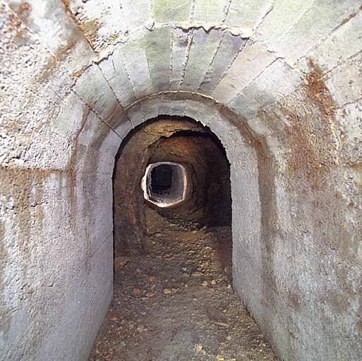 Ouvrage d'artillerie dit batterie Peluna : galerie d'accès en partie taillée à même le roc.