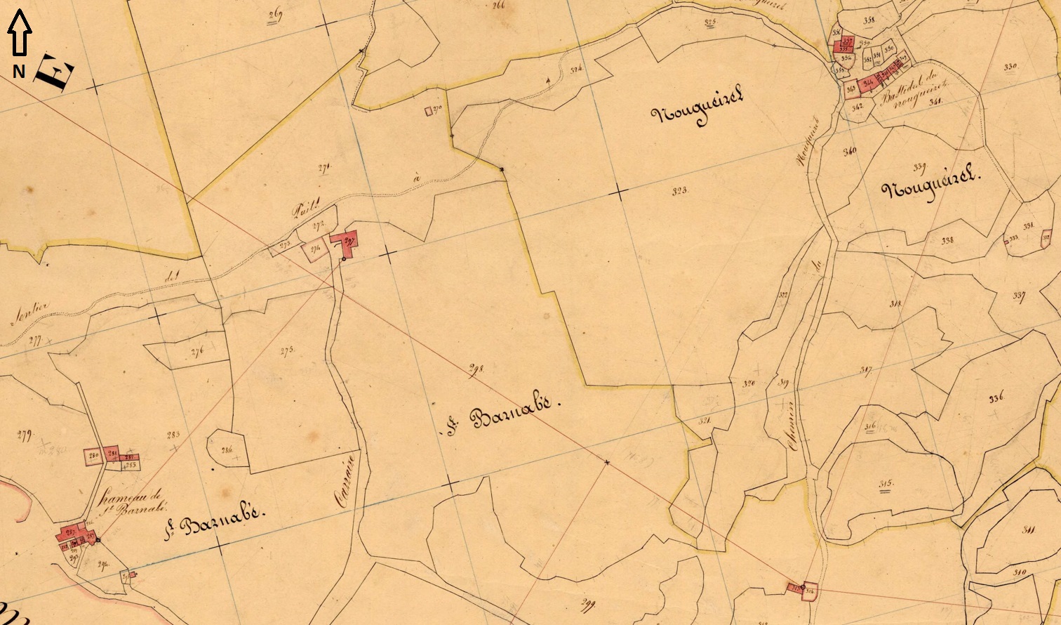 Plan de masse et de situation de l'écart de Saint-Barnabé d'après le cadastre de 1841 (section E, 4ème feuille).