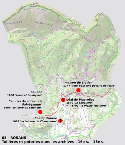Commune de Rosans. Localisation des tuileries et poteries mentionnées dans les archives (du 16e siècle au 18e siècle), reportées sur la carte IGN (échelle d'origine 1/25 000e).